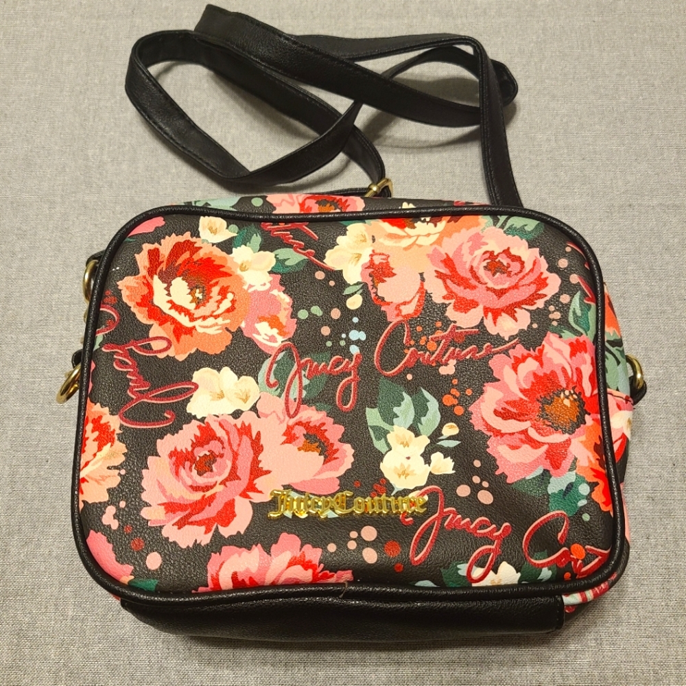 NWOT Juicy Couture Red Pink Floral Flower Black Leather Trim Purse